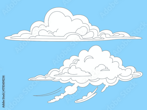 A fun and stylized illustration of fluffy cartoon clouds against a bright blue sky, perfect for children's designs, playful themes, and any cheerful visual communication.