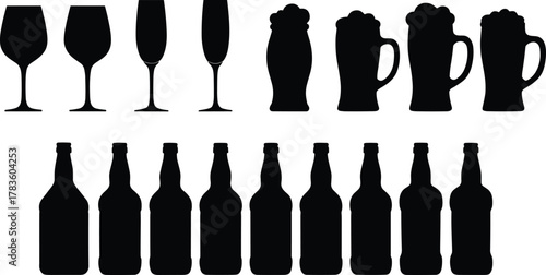 Drinkware and bottle silhouette vector illustration set, wine beer cocktail mugs icons, beverage container artwork, modern minimal style, stock art collection