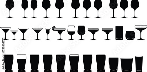 Drinkware silhouette vector illustration set, wine cocktail beer glasses icons, barware design artwork, beverage container graphic, modern minimal style, stock art collection