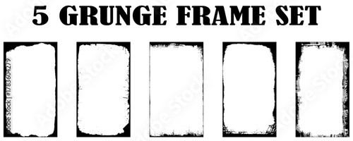 Grunge frames set templates. Ink paint border with rough edges for poster and banner. Retro textured overlays. Rectangular old black abstract flyers on transparent background. Vector illustration. 
