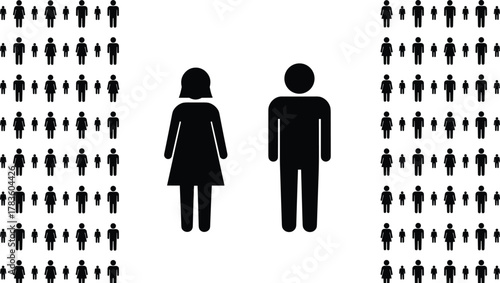 Gender demographics vector illustration, male female child population icons, social statistics artwork, diversity representation design, modern minimal style, stock art collection