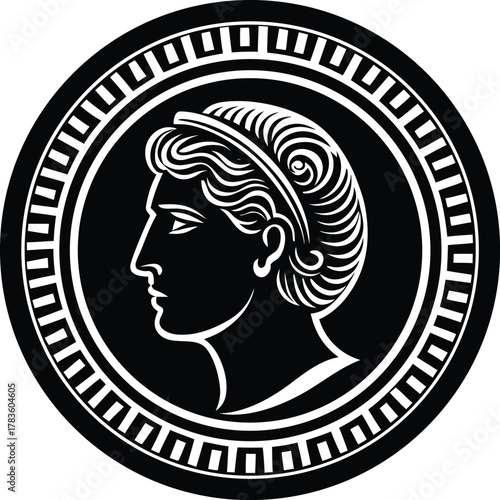 Ancient roman coin icon with laurel wreath and profile