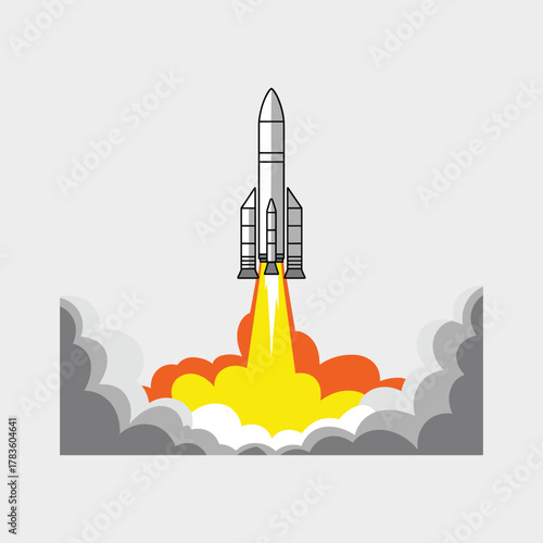 White and gray rocket launching with bright orange and yellow exhaust flames and smoke clouds against a light gray background.