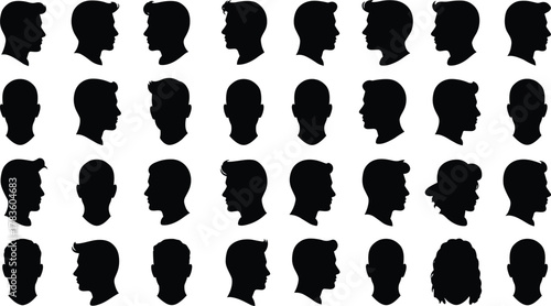 Human head profile silhouette vector set, diverse hairstyle icons, facial profile artwork, identity representation design, modern minimal style, stock art collection