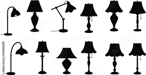 Lamp silhouette vector set, twelve unique lighting fixture designs, table and desk lamp illustration, modern minimal style, interior decor icons, stock art collection