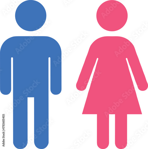 Male and female restroom icons, gender symbol vector illustration, blue and pink signage figures, public facility design, modern minimal style, stock art