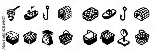 Isometric Fishing Tools Icons