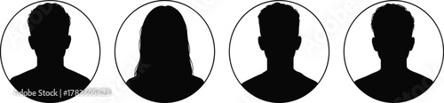 Profile head silhouette vector set, circular avatar icons, diverse identity representation design, male female figure artwork, modern minimal style, stock art collection