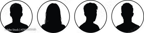 Profile silhouette vector set, diverse avatar icons, circular frame design, male female figure artwork, identity representation illustration, modern minimal style, stock art collection