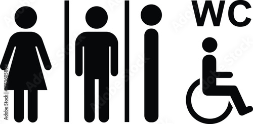 Restroom signage vector set, male female unisex accessible WC icons, public facility design, inclusive bathroom symbols, modern minimal style, stock art collection