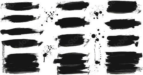 Black ink brush strokes and splatters abstract graphic elements vector