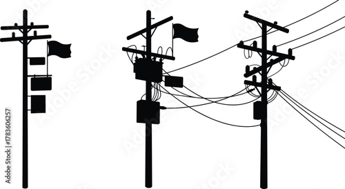 Utility pole vector silhouettes, electrical infrastructure illustration, power distribution design, 