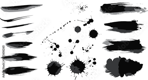 Black ink brush strokes and splatters graphic elements abstract artistic