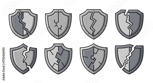 Set of eight cracked shield icons in a cartoon style, presented on a clean white background. These versatile vector graphics depict various stages of damage, from minor cracks to complete breakage