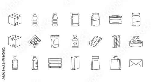 Collection of 21 diverse line icons representing various packaging types, including boxes, bottles, jars, cans, blister packs, bags, and envelopes, presented on a clean white background for easy