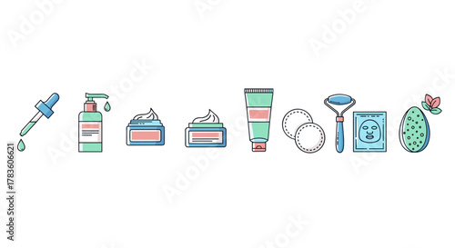 A clean, minimalist vector illustration showcasing a collection of essential skincare products arranged neatly against a white background, perfect for graphic design, app icons, and concept art. The