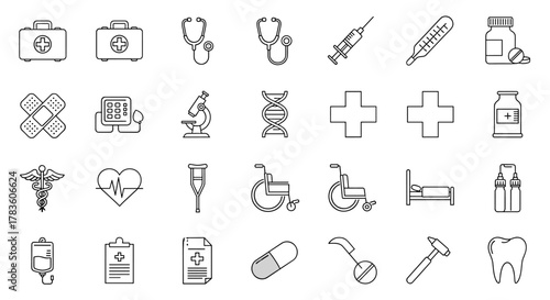 Collection of simple, isolated line icons representing medical and healthcare concepts, perfect for graphic design, apps, and advertising. Editable stroke for versatility. Includes first aid kits