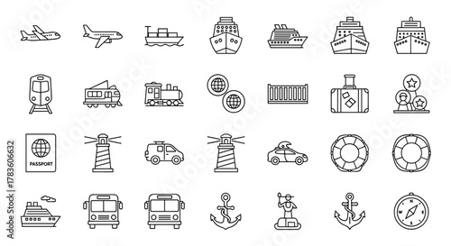 Passenger, Cargo, and Cruise Set of Thin Icons: A comprehensive collection of editable stroke vector icons perfect for websites, books, cards, and apps, featuring a white background for easy