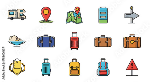 Collection of travel-themed icons including a motorhome, map pin, folded map, luggage, backpacks, and directional signs, presented in a vibrant, cartoonish style with editable strokes, perfect for