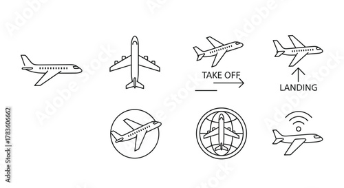 Set of minimalistic linear icons and signs representing airplanes and aviation concepts, including take off, landing, global travel, and Wi-Fi connectivity, presented on a clean white background for
