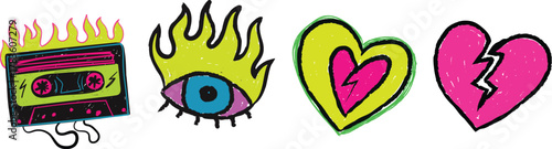 Doodle Set with Fire, Eye, Heart, and Cassette