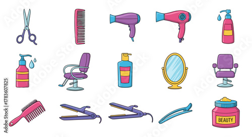 Vibrant Cartoon Vector Illustration of a Beauty Salon and Hairdresser Essentials Set on a White Background, Featuring Scissors, Combs, Hair Dryers, Styling Chairs, Mirrors, and Beauty Products