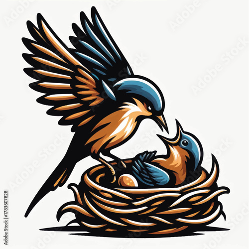 Mother bird feeding baby bird in nest.