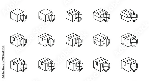 Set of minimalistic outline icons featuring a cardboard box with a shield, symbolizing security, protection, and safe delivery. Ideal for web design, app interfaces, banners, social media, and