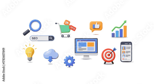 Set of 3D digital marketing and social media optimization icons, including SEO search bar, shopping cart with 'NEW' tag, like button, growth chart, lightbulb, cloud download, gear, computer screen