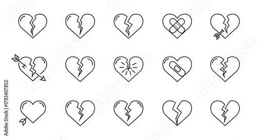Collection of broken heart outline icons, symbolizing heartbreak, sadness, and emotional pain, with variations including band-aids for healing and arrows indicating Cupid's impact, perfect for