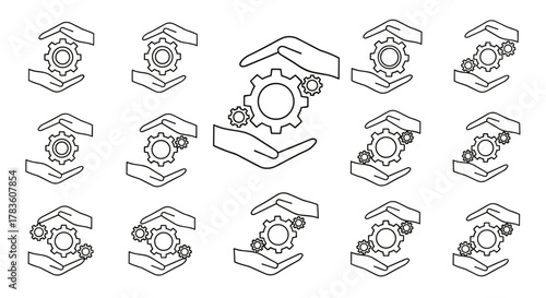 Set of line icons depicting gears held between two hands, symbolizing protection, support, and industry. This collection features variations with single and multiple gears, presented on a clean white