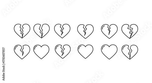 Set of minimalistic thin outline broken heart icons for web and graphic design, apps, banners, social networks, and cards. Vector cartoon illustration representing heartbreak, sadness, and