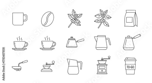 A comprehensive line icon pack showcasing various coffee-related elements, including coffee beans, steaming mugs, coffee plants, brewing equipment like kettles and grinders, and a to-go cup, all