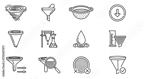 Collection of Filter-Related Line Icons: Vortex, Funnel Outline Signs for Graphic and Web Design, Apps, Adverts, Various Cards, Vector Cartoon Illustration, Science, Technology, and Data Processing