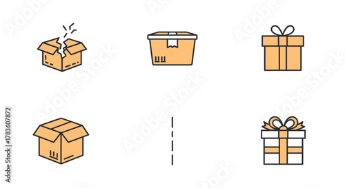 Set of six flat design icons representing various boxes and gift boxes, including a broken cardboard box, a sealed shipping container, an open parcel, a simple gift box with a ribbon, a more detailed