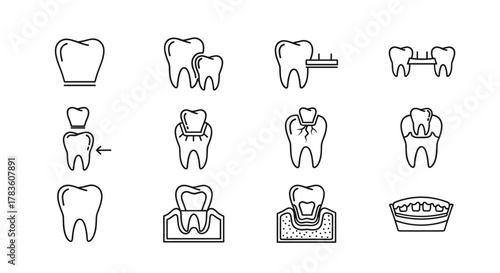 Dental Crown Line Icon Set: A comprehensive collection of outline signs for graphic and web design, apps, adverts, and various cards, featuring vector cartoon illustrations of dental procedures and