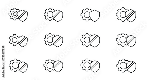 Set of twelve minimalistic thin line icons representing a gear symbol overlapping a shield emblem, symbolizing security, protection, and mechanical operations. Ideal for web design, app interfaces