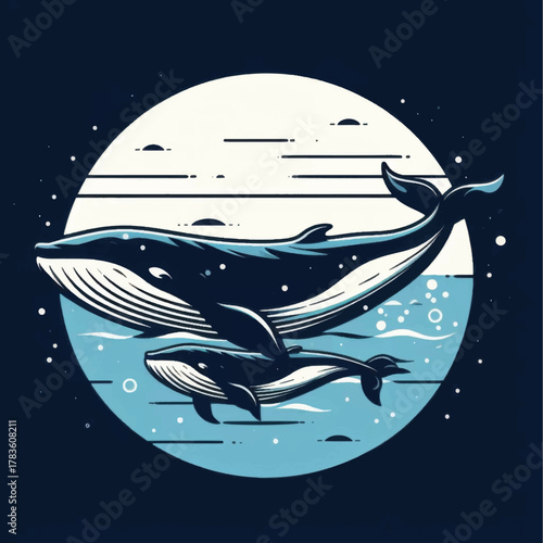 Whale and Calf Swimming in Ocean Illustration.