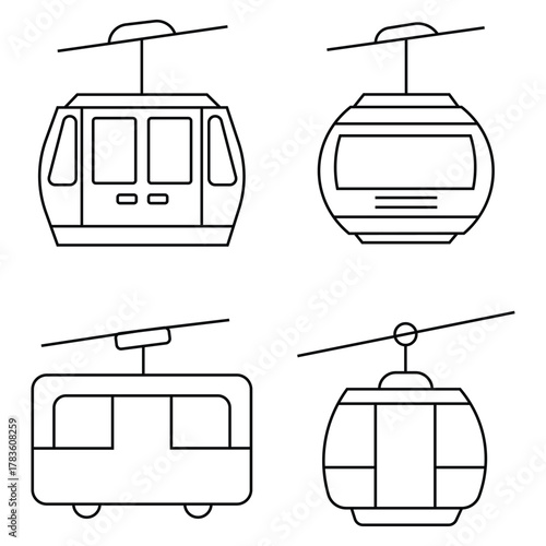 Collection of line editable icons ropeway line and glyph version. Different style of cable car icons set. Aerial tramway icon symbol vector illustration. 