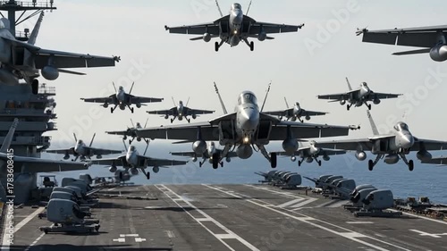 A powerful formation of F/A-18 Super Hornet fighter jets flying around a US Navy aircraft carrier at sea