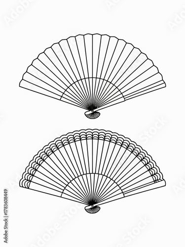 Stylish and minimalistic line art illustration of two folding fans, highlighting their intricate details and fluid shapes, perfect for artistic and decorative purposes.