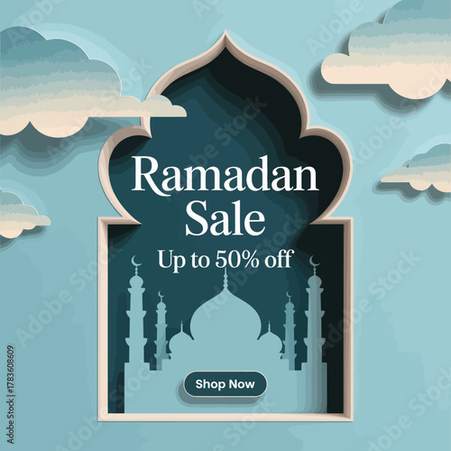 This visually striking Ramadan sale banner features a beautiful mosque silhouette set against a serene blue background, inviting customers to enjoy festive discounts during the holy month.