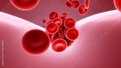 Dynamic microscopic view of red blood cells flowing through a vein, showcasing vibrant red corpuscles in motion, perfect for medical or health science visualizations.