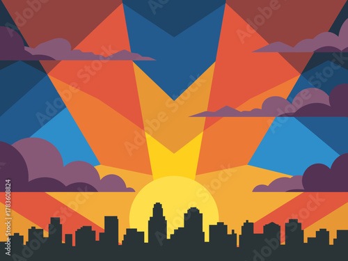 The striking sunset illustration features a vibrant palette of colors illuminating the skyline, capturing the transition from day to night in a lively urban environment.