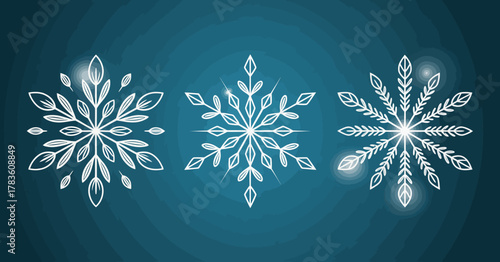 Tableau sur toile Three intricately designed white snowflakes on a dark blue background, symbolizing winter beauty and the unique aspects of nature's artistry during the cold season