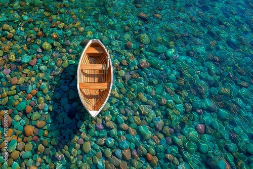 A serene, wooden rowboat rests peacefully on a bed of colorful, glistening river stones, bathed in vibrant teal water, creating a captivating aquatic scene.
