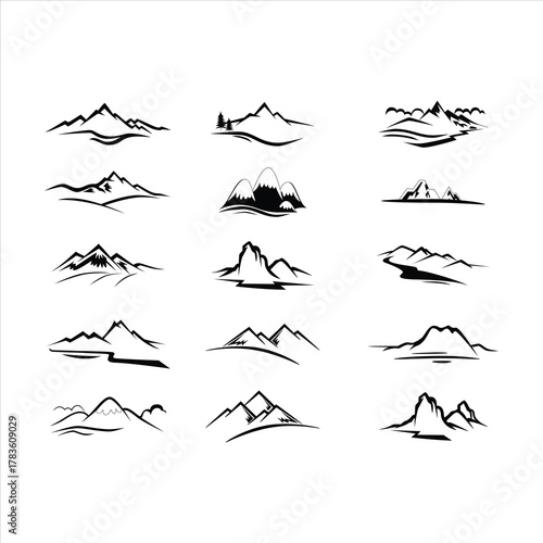 Black Mountain Range Landscape Silhouette Icon Set Vector Illustration Collection