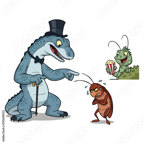 Cartoon illustration of a lizard scolding a cockroach, with another lizard watching.