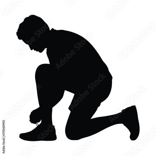 Man Tying Shoelaces Silhouette | Runner Preparing for Sport Activity Vector