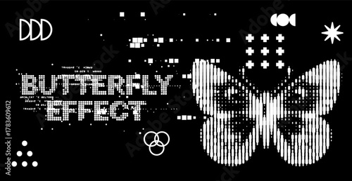 Vector poster in Y2K glitch-inspired style. The design features pixelated text "BUTTERFLY EFFECT" and a butterfly, combined with abstract digital shapes.